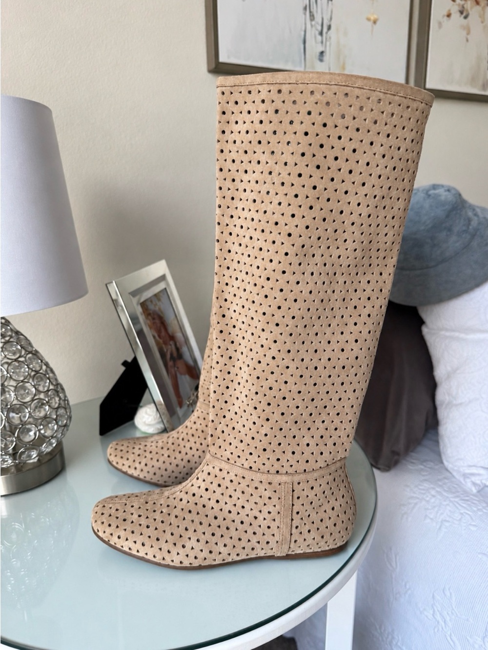 Women’s Perforated Knee-High Boots - Beige Suede 8.5